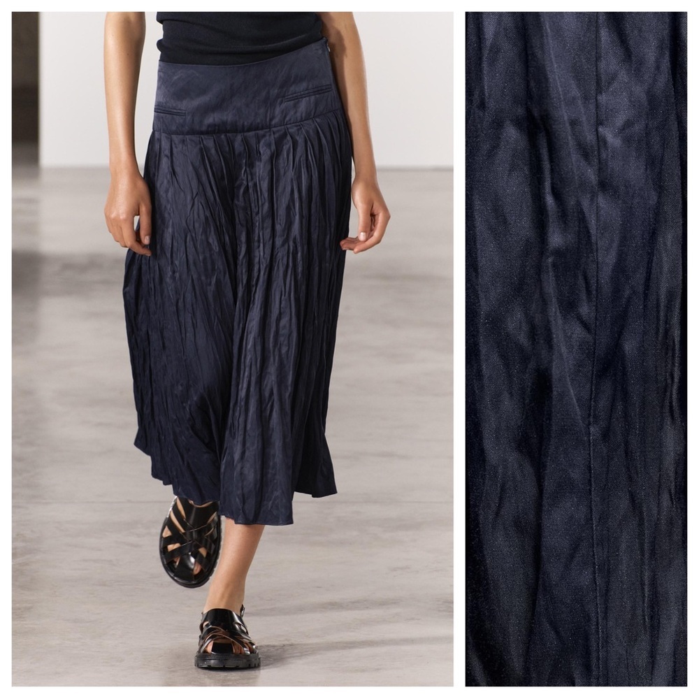 Zara Navy Crinkled Midi Skirt